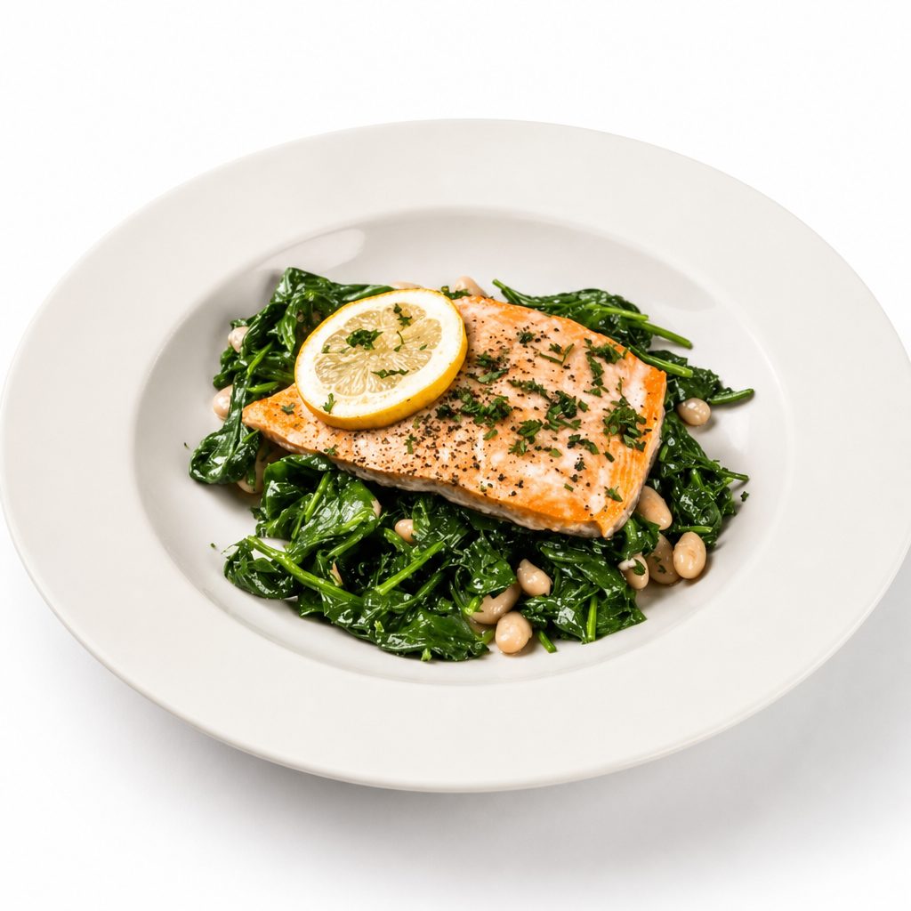 Salmon or Flounder Over Spinach and Beans.